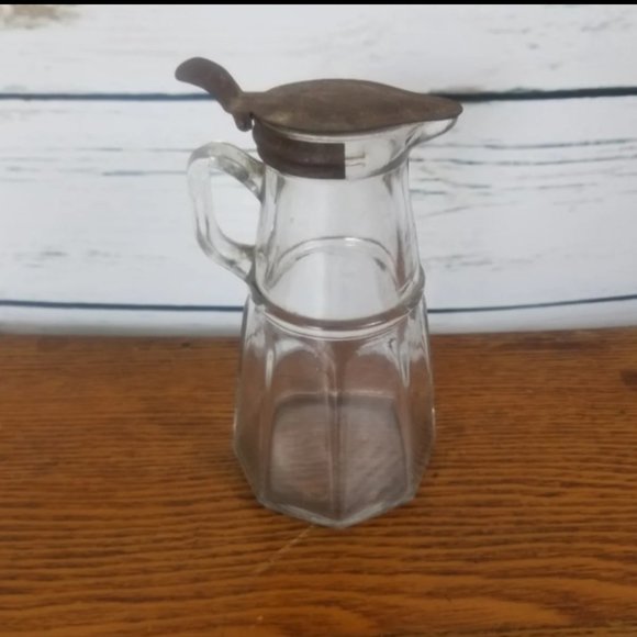 Vintage Syrup Pitcher Glass Handle Metal Flip Lid - Picture 5 of 8